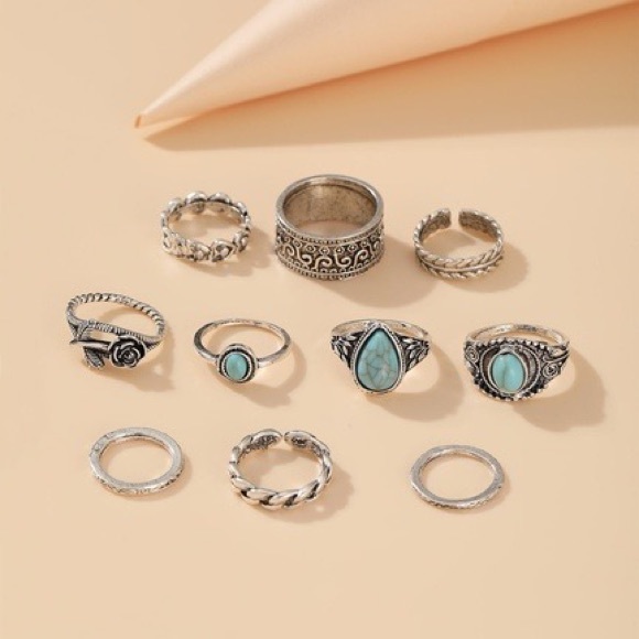 Set of 10 Turquoise and Silver Finger Rings Various Sizes - Picture 3 of 4